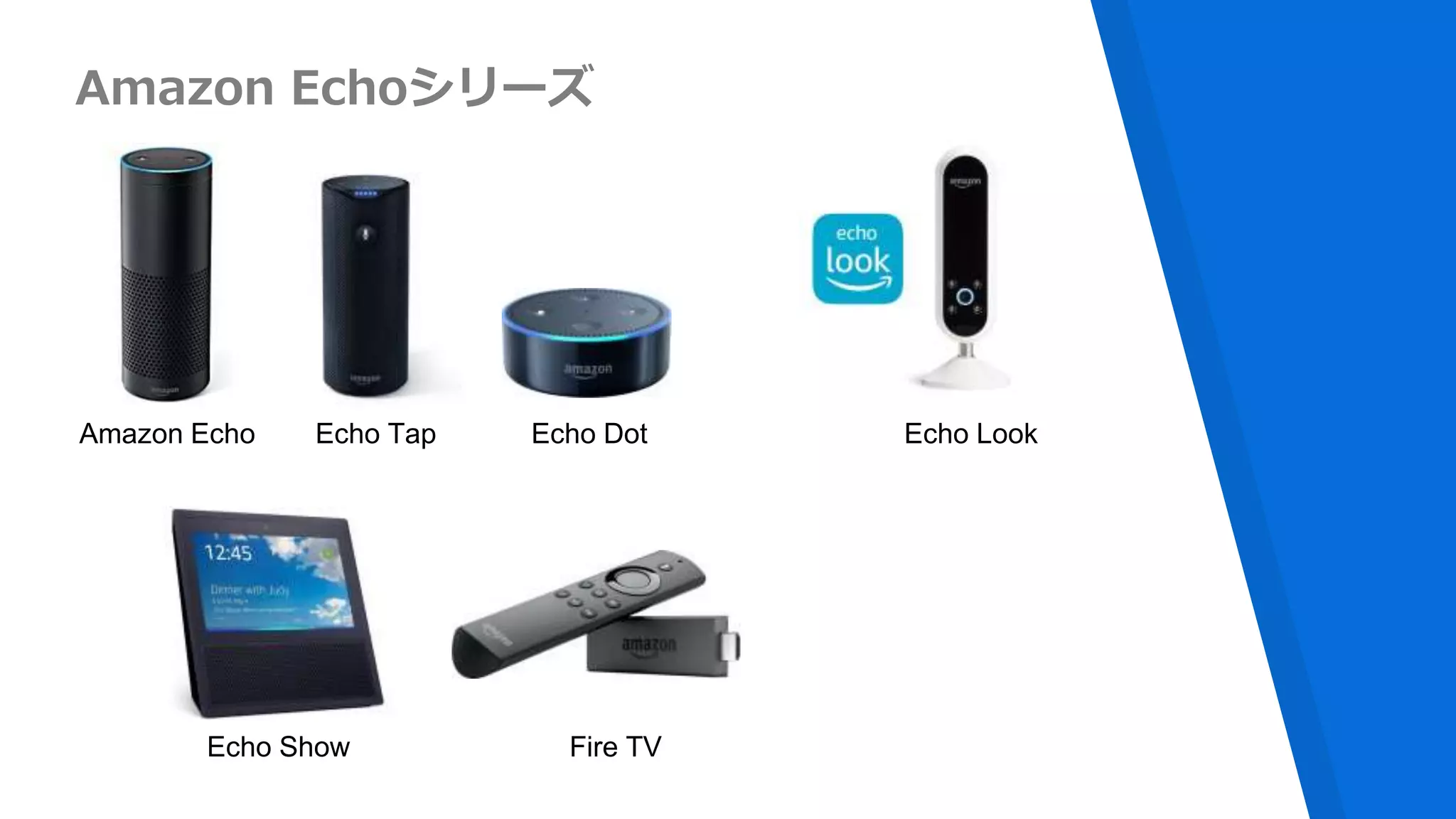Amazon Echoシリーズ
Amazon Echo Echo Tap Echo Dot Echo Look
Fire TVEcho Show
 