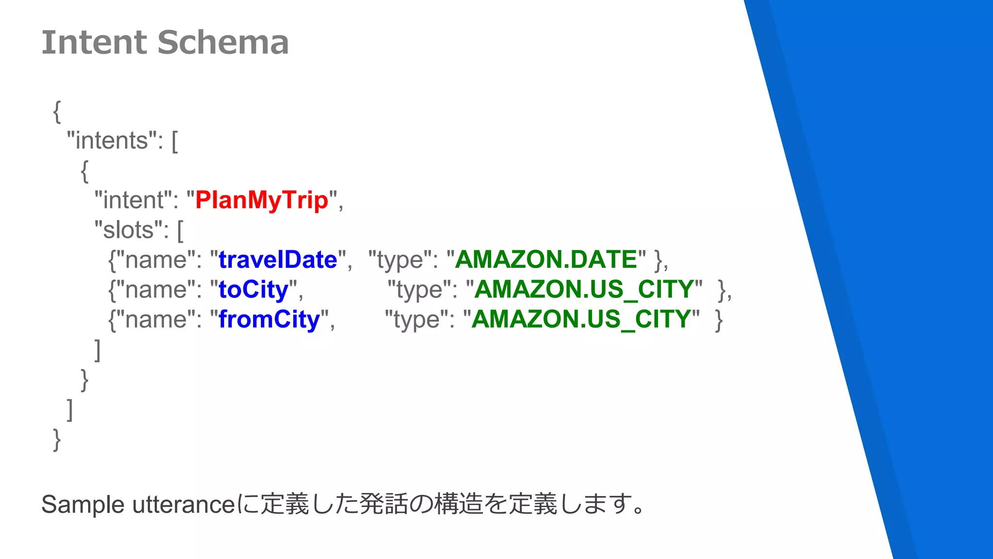 {
"intents": [
{
"intent": "PlanMyTrip",
"slots": [
{"name": "travelDate", "type": "AMAZON.DATE" },
{"name": "toCity", "type": "AMAZON.US_CITY" },
{"name": "fromCity", "type": "AMAZON.US_CITY" }
]
}
]
}
Intent Schema
Sample utteranceに定義した発話の構造を定義します。
 