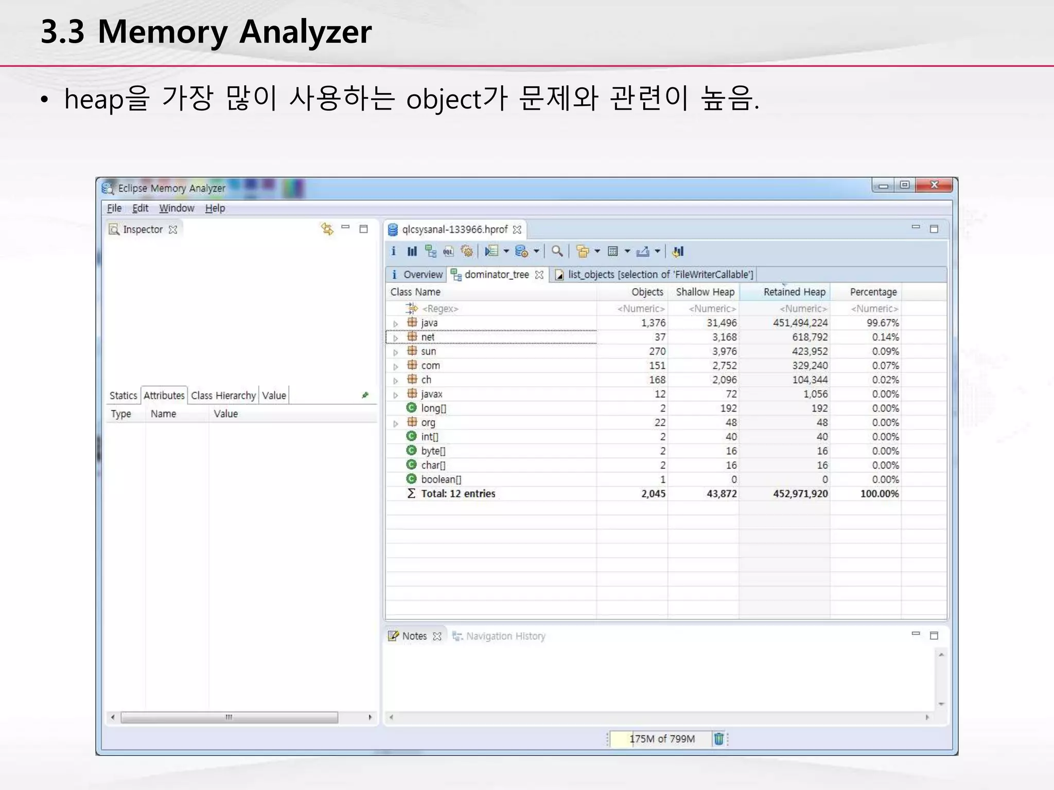 3.3 Memory Analyzer
• heap을 가장 많이 사용하는 object가 문제와 관련이 높음.
 