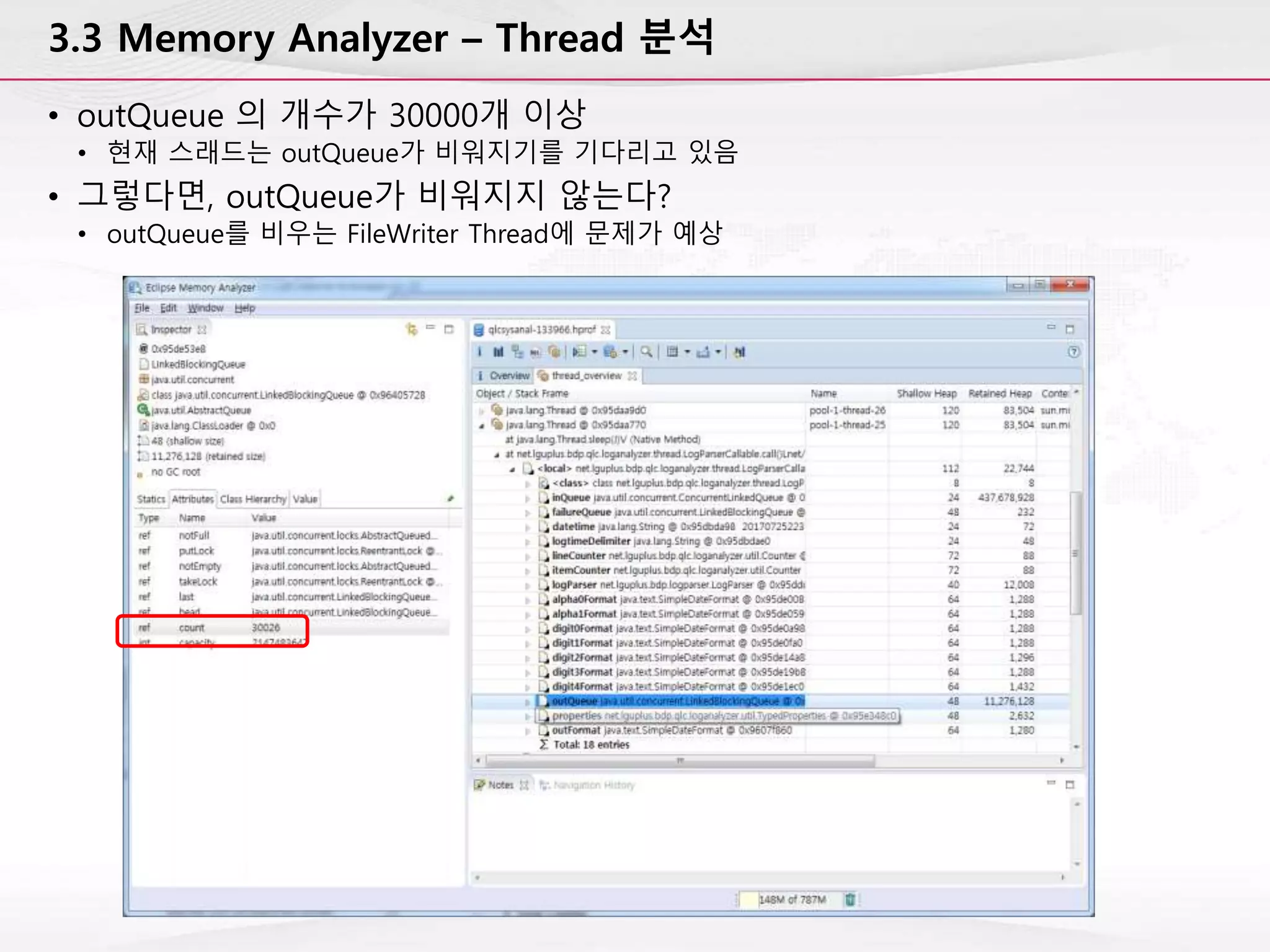 3.3 Memory Analyzer – Thread 분석
• outQueue 의 개수가 30000개 이상
• 현재 스래드는 outQueue가 비워지기를 기다리고 있음
• 그렇다면, outQueue가 비워지지 않는다?
• outQueue를 비우는 FileWriter Thread에 문제가 예상
 