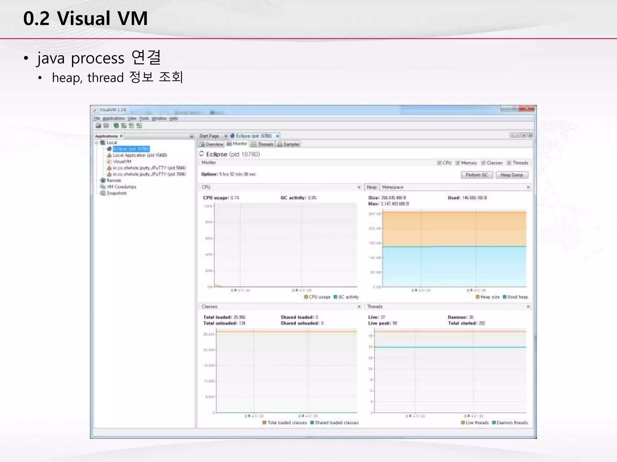 0.2 Visual VM
• java process 연결
• heap, thread 정보 조회
 