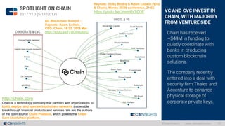 http://chain.com
Chain is a technology company that partners with organizations to
build, deploy, and operate blockchain networks that enable
breakthrough financial products and services. We are the authors
of the open source Chain Protocol, which powers the Chain
Core blockchain platform.
Keynote: Vicky Bindra & Adam Ludwin (Visa
& Chain), Money 20/20 conference, 21:02
https://youtu.be/JmmNfx3iD3E
DC Blockchain Summit -
Keynote: Adam Ludwin,
CEO, Chain, 18:22, 2016 Mar.
https://youtu.be/Fr-BO9muMnU
 