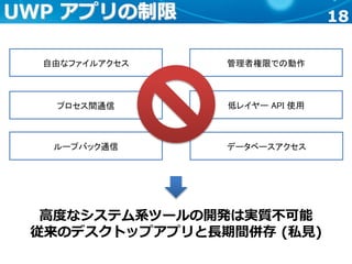 18UWP アプリの制限
自由なファイルアクセス 管理者権限での動作
プロセス間通信 低レイヤー API 使用
ループバック通信 データベースアクセス
高度なシステム系ツールの開発は実質不可能
従来のデスクトップアプリと長期間併存 (私見)
 