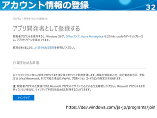 32アカウント情報の登録
https://dev.windows.com/ja-jp/programs/join
 