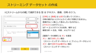 ストリーミング データセット の作成
※[ストリームからの値] で選択できる 型 は テキスト、数値、日時 の３つ。
2017/09/09 CLR/H #clrh106
[日時] と [数値] は 必須 だと思ってください。
日時の値がないとタイムライン的に可視化できません。
数値がない＝値として表示したいものがない。
[テキスト] はオプション。
IoT ⇒ エッジデバイスの名称、場所 など
顧客分析 ⇒ 氏名、年齢、メルアド など
[履歴データの解析] は オン を推奨
オン：後で分析したい場合
（ストリーミング データセット と プッシュ データセット）
オフ：後で分析する必要がない場合
（ストリーミング データセット）
 