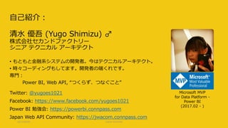 自己紹介：
清水 優吾 (Yugo Shimizu) ♂
株式会社セカンドファクトリー
シニア テクニカル アーキテクト
• もともと金融系システムの開発者。今はテクニカルアーキテクト。
• 時々コーディングもしてます。開発者の端くれです。
専門：
Power BI, Web API, “つくらず、つなぐこと”
Twitter: @yugoes1021
Facebook: https://www.facebook.com/yugoes1021
Power BI 勉強会: https://powerbi.connpass.com
Japan Web API Community: https://jwacom.connpass.com
2017/09/09 CLR/H #clrh106
Microsoft MVP
for Data Platform -
Power BI
(2017.02 - )
 