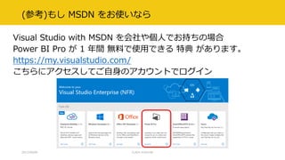 (参考)もし MSDN をお使いなら
Visual Studio with MSDN を会社や個人でお持ちの場合
Power BI Pro が 1 年間 無料で使用できる 特典 があります。
https://my.visualstudio.com/
こちらにアクセスしてご自身のアカウントでログイン
2017/09/09 CLR/H #clrh106
 