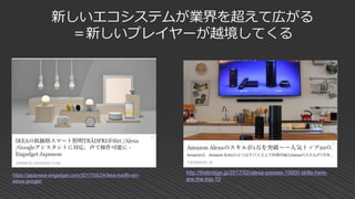 新しいエコシステムが業界を超えて広がる
＝新しいプレイヤーが越境してくる
https://japanese.engadget.com/2017/05/24/ikea-tradfri-siri-
alexa-google/
http://thebridge.jp/2017/02/alexa-passes-10000-skills-here-
are-the-top-10
 