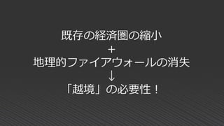 既存の経済圏の縮小
＋
地理的ファイアウォールの消失
↓
「越境」の必要性！
 