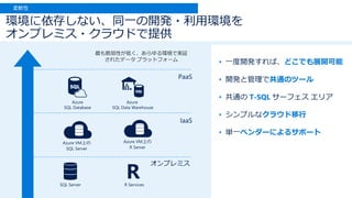 • 一度開発すれば、どこでも展開可能
• 開発と管理で共通のツール
• 共通の T-SQL サーフェス エリア
• シンプルなクラウド移行
• 単一ベンダーによるサポート
環境に依存しない、同一の開発・利用環境を
オンプレミス・クラウドで提供
柔軟性
オンプレミス
IaaS
PaaS
R
 