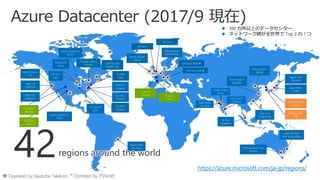 42 https://azure.microsoft.com/ja-jp/regions/
 100 カ所以上のデータセンター
 ネットワーク網が全世界で Top 3 の 1 つ
Central US
Iowa
West US
California
North Europe
Ireland
East US
Virginia
East US 2
Virginia
US GOV
Virginia
North Central US
Illinois
US GOV
Iowa
South Central US
Texas
Brazil South
Sao Paulo
West Europe
Netherlands
China North *
Beijing
China South *
Shanghai
Japan East
Saitama
Japan West
Osaka
India South
Chennai
East Asia
Hong Kong
SE Asia
Singapore
Australia South East
Victoria
Australia East
New South Wales
* Operated by 21Vianet
India Central
Pune
Canada East
Quebec City
Canada Central
Toronto
India West
Mumbai
Germany East 
Germany West 
UK West
UK East
 Operated by Deutsche Telekom
West US2
California
West Central
US
Korea Central
Seoul
Korea South
TBA
US East
DoD
US GOV
Texas
France
Central France
South
US GOV
Arizona
US Central
DOD
regions around the world
 