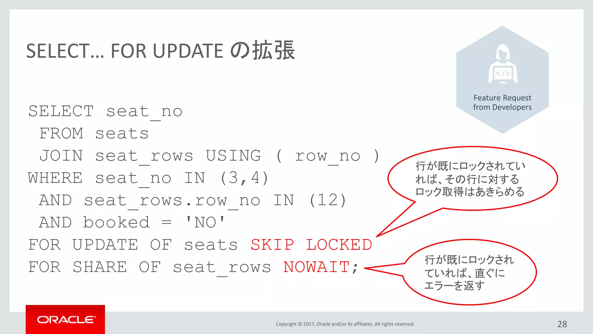 Copyright © 2017, Oracle and/or its affiliates. All rights reserved.
SELECT… FOR UPDATE の拡張
28
SELECT seat_no
FROM seats
JOIN seat_rows USING ( row_no )
WHERE seat_no IN (3,4)
AND seat_rows.row_no IN (12)
AND booked = 'NO'
FOR UPDATE OF seats SKIP LOCKED
FOR SHARE OF seat_rows NOWAIT;
行が既にロックされてい
れば、その行に対する
ロック取得はあきらめる
行が既にロックされ
ていれば、直ぐに
エラーを返す
Feature Request
from Developers
 