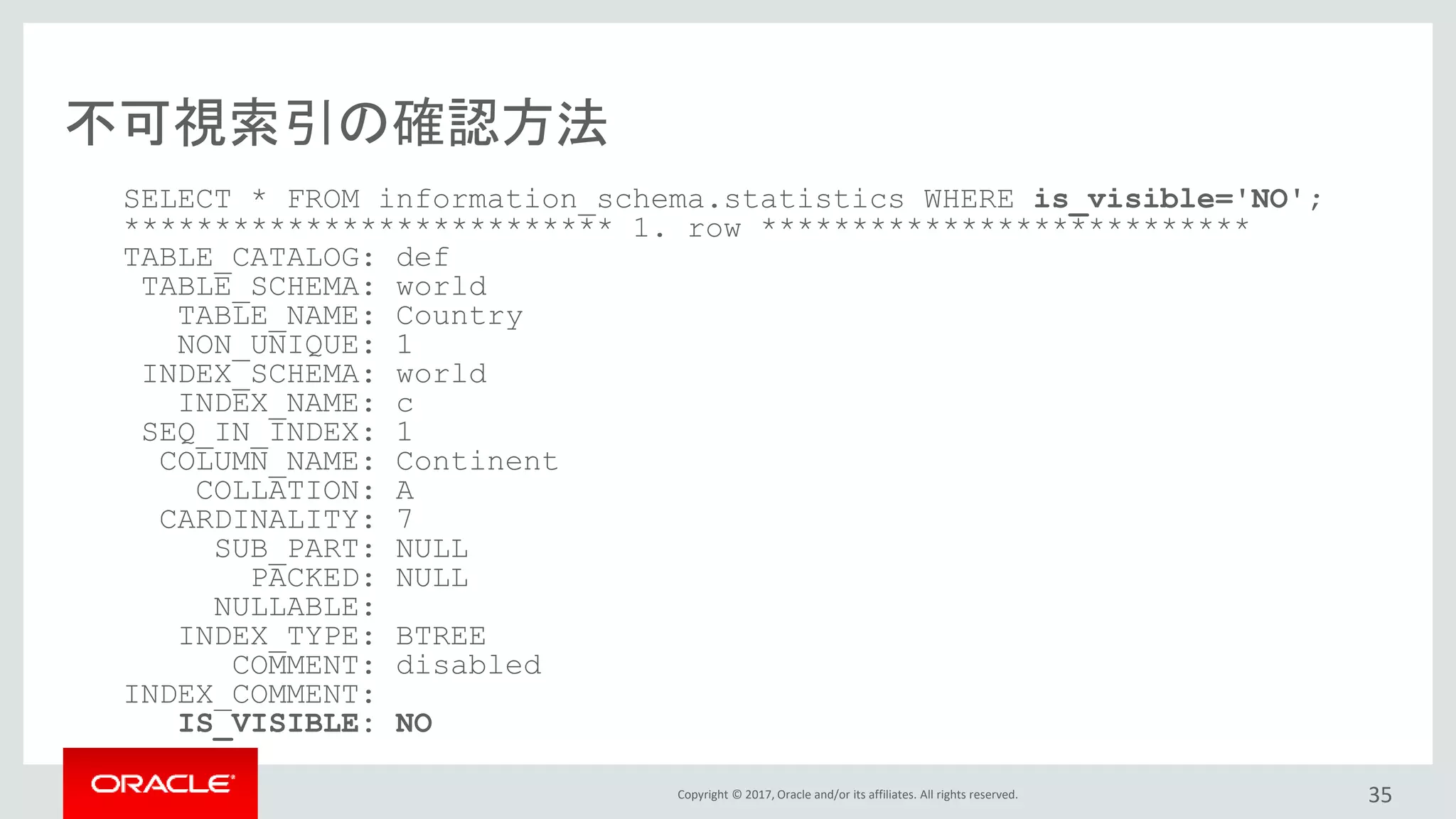 Copyright © 2017, Oracle and/or its affiliates. All rights reserved. 35
不可視索引の確認方法
SELECT * FROM information_schema.statistics WHERE is_visible='NO';
*************************** 1. row ***************************
TABLE_CATALOG: def
TABLE_SCHEMA: world
TABLE_NAME: Country
NON_UNIQUE: 1
INDEX_SCHEMA: world
INDEX_NAME: c
SEQ_IN_INDEX: 1
COLUMN_NAME: Continent
COLLATION: A
CARDINALITY: 7
SUB_PART: NULL
PACKED: NULL
NULLABLE:
INDEX_TYPE: BTREE
COMMENT: disabled
INDEX_COMMENT:
IS_VISIBLE: NO
 