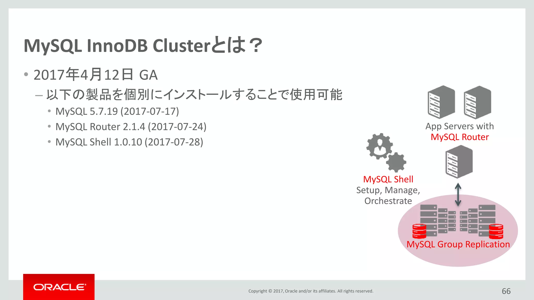 Copyright © 2017, Oracle and/or its affiliates. All rights reserved.
MySQL InnoDB Clusterとは？
• 2017年4月12日 GA
– 以下の製品を個別にインストールすることで使用可能
• MySQL 5.7.19 (2017-07-17)
• MySQL Router 2.1.4 (2017-07-24)
• MySQL Shell 1.0.10 (2017-07-28)
66
App Servers with
MySQL Router
MySQL Group Replication
MySQL Shell
Setup, Manage,
Orchestrate
 