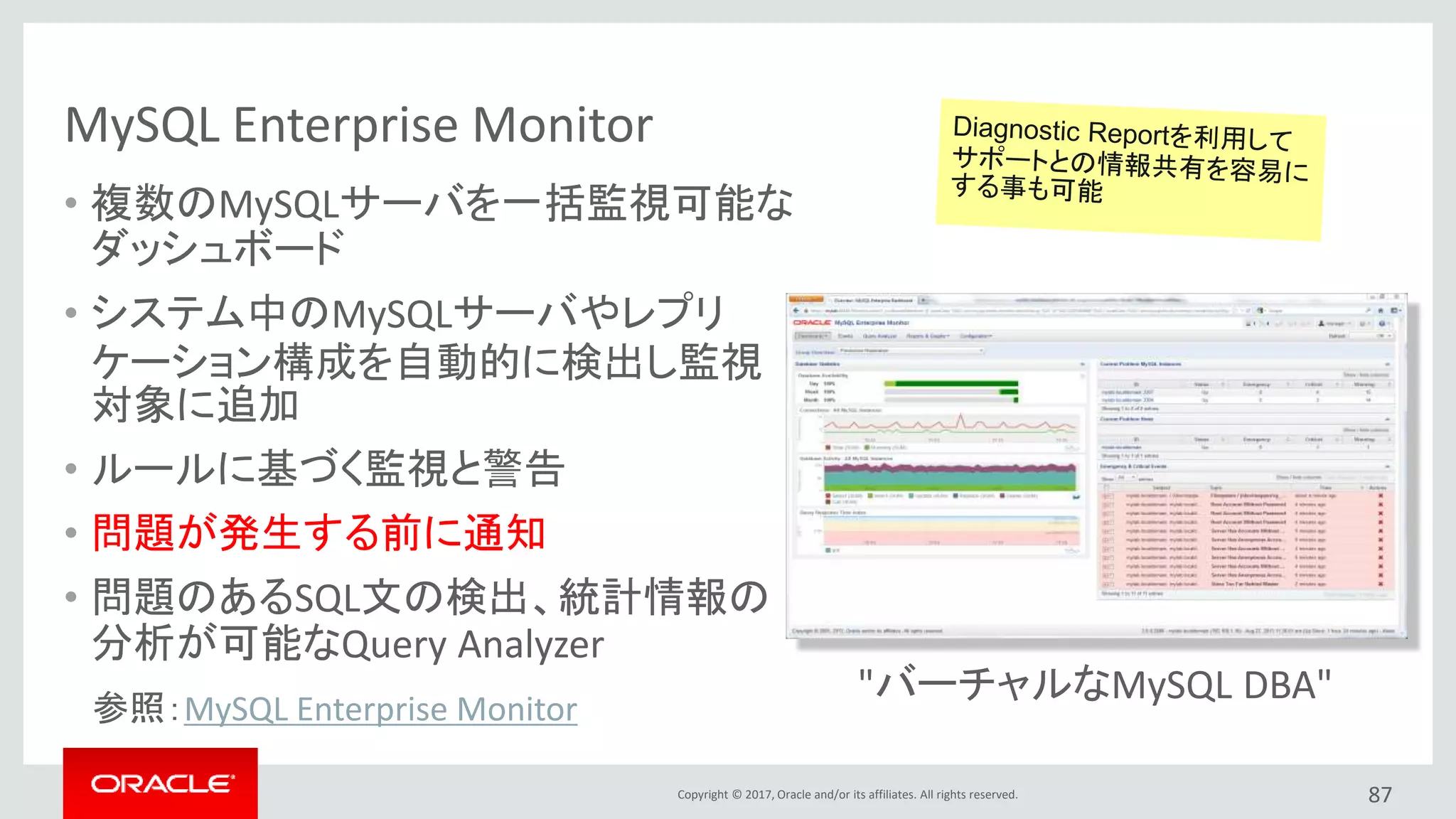 Copyright © 2017, Oracle and/or its affiliates. All rights reserved.
MySQL Enterprise Monitor
• 複数のMySQLサーバを一括監視可能な
ダッシュボード
• システム中のMySQLサーバやレプリ
ケーション構成を自動的に検出し監視
対象に追加
• ルールに基づく監視と警告
• 問題が発生する前に通知
• 問題のあるSQL文の検出、統計情報の
分析が可能なQuery Analyzer
87
参照：MySQL Enterprise Monitor
"バーチャルなMySQL DBA"
 
