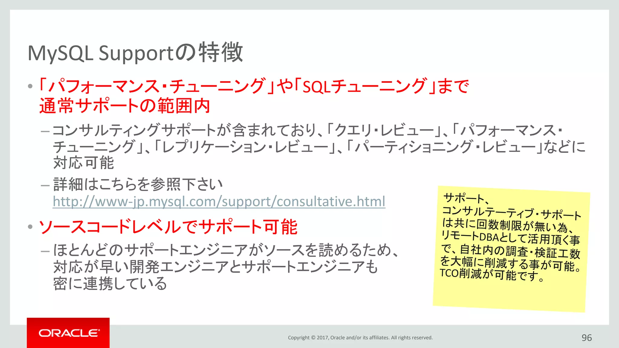Copyright © 2017, Oracle and/or its affiliates. All rights reserved.
MySQL Supportの特徴
• 「パフォーマンス・チューニング」や「SQLチューニング」まで
通常サポートの範囲内
– コンサルティングサポートが含まれており、「クエリ・レビュー」、「パフォーマンス・
チューニング」、「レプリケーション・レビュー」、「パーティショニング・レビュー」などに
対応可能
– 詳細はこちらを参照下さい
http://www-jp.mysql.com/support/consultative.html
• ソースコードレベルでサポート可能
– ほとんどのサポートエンジニアがソースを読めるため、
対応が早い開発エンジニアとサポートエンジニアも
密に連携している
96
 