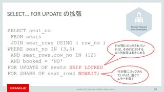 Copyright © 2017, Oracle and/or its affiliates. All rights reserved.
SELECT… FOR UPDATE の拡張
28
SELECT seat_no
FROM seats
JOIN seat_rows USING ( row_no )
WHERE seat_no IN (3,4)
AND seat_rows.row_no IN (12)
AND booked = 'NO'
FOR UPDATE OF seats SKIP LOCKED
FOR SHARE OF seat_rows NOWAIT;
行が既にロックされてい
れば、その行に対する
ロック取得はあきらめる
行が既にロックされ
ていれば、直ぐに
エラーを返す
Feature Request
from Developers
 
