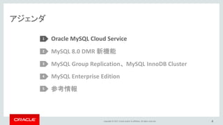 Copyright © 2017, Oracle and/or its affiliates. All rights reserved.
アジェンダ
4
Oracle MySQL Cloud Service
MySQL 8.0 DMR 新機能
MySQL Group Replication、 MySQL InnoDB Cluster
MySQL Enterprise Edition
参考情報
1
2
3
4
5
 