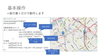 #インストール
install.packages("leaflet")
library(leaflet)
#緯度経度をセット
df <- data.frame (id=1:2,
lat=c(33.58974, 33.58904),
lng=c(130.42059, 130.3996),
pop=c("hakata", "tenjin")
)
# 描画
m <- leaflet(df) %>%
addTiles() %>%
addMarkers(lng=~lng, lat=~lat, popup=~pop)
m
基本操作
• 数⾏書くだけで動作します
マーカーのID
緯度情報
経度情報
ポップアップ
情報
表⽰内容を
指定
 