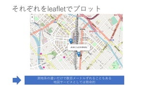 それぞれをleafletでプロット
測地系の違いだけで数百メートルずれることもある
地図サービスとしては致命的
 