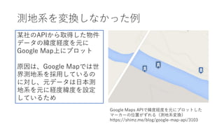 測地系を変換しなかった例
某社のAPIから取得した物件
データの緯度経度を元に
Google Map上にプロット
原因は、Google Mapでは世
界測地系を採⽤しているの
に対し、元データは⽇本測
地系を元に経度緯度を設定
しているため
Google Maps APIで緯度経度を元にプロットした
マーカーの位置がずれる（測地系変換）
https://shimz.me/blog/google-map-api/3103
 