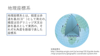 地理座標系
地理座標系
http://desktop.arcgis.com/ja/arcmap/10.3/guide-books
/map-projections/geographic-coordinate-system.htm
地理座標系とは、経度は⾚
道を基点(０°)として南北の、
緯度は旧グリニッジ天⽂台
跡を基点として東⻄の、そ
れぞれ⾓度を数値で表した
座標系
 