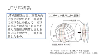 UTM座標系
コトバンク (ユニバーサル横メルカトル図法)
https://kotobank.jp/word/ユニバーサル横メルカトル図法
UTM座標系とは、東⻄⽅向
に⽔平に保たれた円筒の中
に地球をはめ込んで、地球
の中⼼と地表⾯上の点とを
結んだ直線が円筒と交わる
点に印を付けて、円筒を展
開したもの。
 