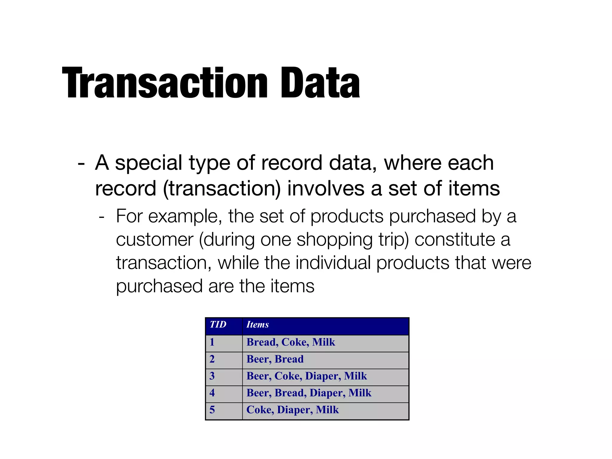 Transaction Data
- A special type of record data, where each
record (transaction) involves a set of items 

- For example, the set of products purchased by a
customer (during one shopping trip) constitute a
transaction, while the individual products that were
purchased are the items
TID Items
1 Bread, Coke, Milk
2 Beer, Bread
3 Beer, Coke, Diaper, Milk
4 Beer, Bread, Diaper, Milk
5 Coke, Diaper, Milk
 