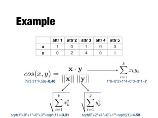 Example
attr 1 attr 2 attr 3 attr 4 attr 5
x 1 0 1 0 3
y 0 2 4 0 1
cos(x, y) =
x · y
||x|| ||y||
kX
i=1
xkyk
v
u
u
t
kX
i=1
x2
k
v
u
u
t
kX
i=1
y2
k
1*0+0*2+1*4+0*0+3*1=7
sqrt(12+02+12+02+32)=sqrt(11)=3.31 sqrt(02+22+42+02+12)=sqrt(21)=4.58
7/(3.31*4.58)=0.46
 
