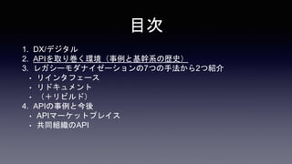 Ŀ
1. DX/ǥ
2. APIȡꎆhȻϵΚsʷ
3. 쥬`ʥ`7Ĥַ2ĽB
? ꥤ󥿥ե`
? ɥ
? ӥɣ
4. APIȽ
? APIީ`åȥץ쥤
? ͬMAPI
 