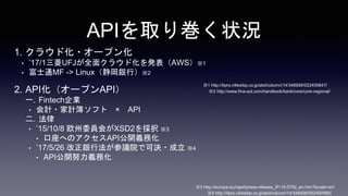 APIȡꎆ״r
1. 饦ɻ?`ץ
? 17/1UFJȫ楯饦ɻkAWS1
? ʿͨMF -> LinuxyУ2
2. API`ץAPI
һ. FintechI
? Ӌ?Ӌե  API
. 
? 15/10/8 ŷίT᤬PSD2k 3
? ؤΥ(XS2A:Access to Account)API_xջ
? 17/5/26 yзhԺǿɛQ? 4
? API_Ŭxջ
3 http://europa.eu/rapid/press-release_IP-15-5792_en.htm?locale=en/
4 http://itpro.nikkeibp.co.jp/atcl/column/14/346926/052500990/
2 http://www.fina-sol.com/handbook/bank/core/core-regional/
1 http://itpro.nikkeibp.co.jp/atcl/column/14/346926/022400847/
 