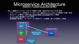 Microservice Architecture(Martin FowlerGuardian)
Monolith AP
IA
I
B
IC
Microservice AP
ID
A
P
I
A
P
I
? ¤Cܤޥ`ӥǘBHȴMonolith API
? ݩ`ĥ٥ȤOȤΤ褦һ^ԤΥ٥ȥȤ򘋺BHЄ
? WebȤ򘋺BHϸbԤڴǤZä_k
? ٥ȽKΤ
? ڙCv⣺ީ`ƥäΥȤ򘋺B/Lgˤ
Monolith
ǘB
ȴMonolith
API
 