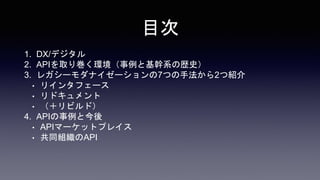 Ŀ
1. DX/ǥ
2. APIȡꎆhȻϵΚsʷ
3. 쥬`ʥ`7Ĥַ2ĽB
? ꥤ󥿥ե`
? ɥ
? ӥɣ
4. APIȽ
? APIީ`åȥץ쥤
? ͬMAPI
 