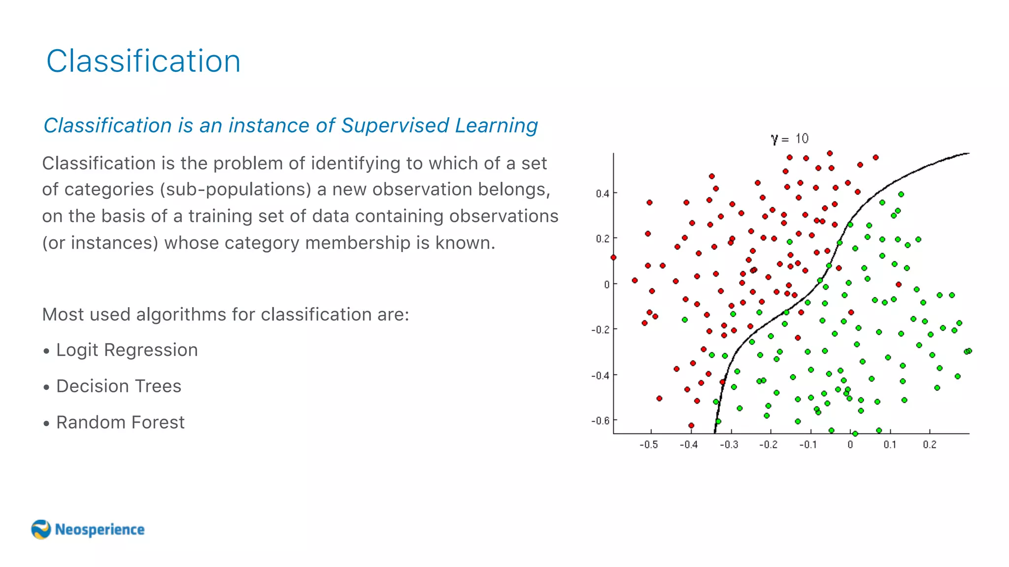 Classification is an instance of Supervised Learning
Classification
Classification is the problem of identifying to which of a set
of categories (sub-populations) a new observation belongs,
on the basis of a training set of data containing observations
(or instances) whose category membership is known.
Most used algorithms for classification are:
• Logit Regression
• Decision Trees
• Random Forest
 