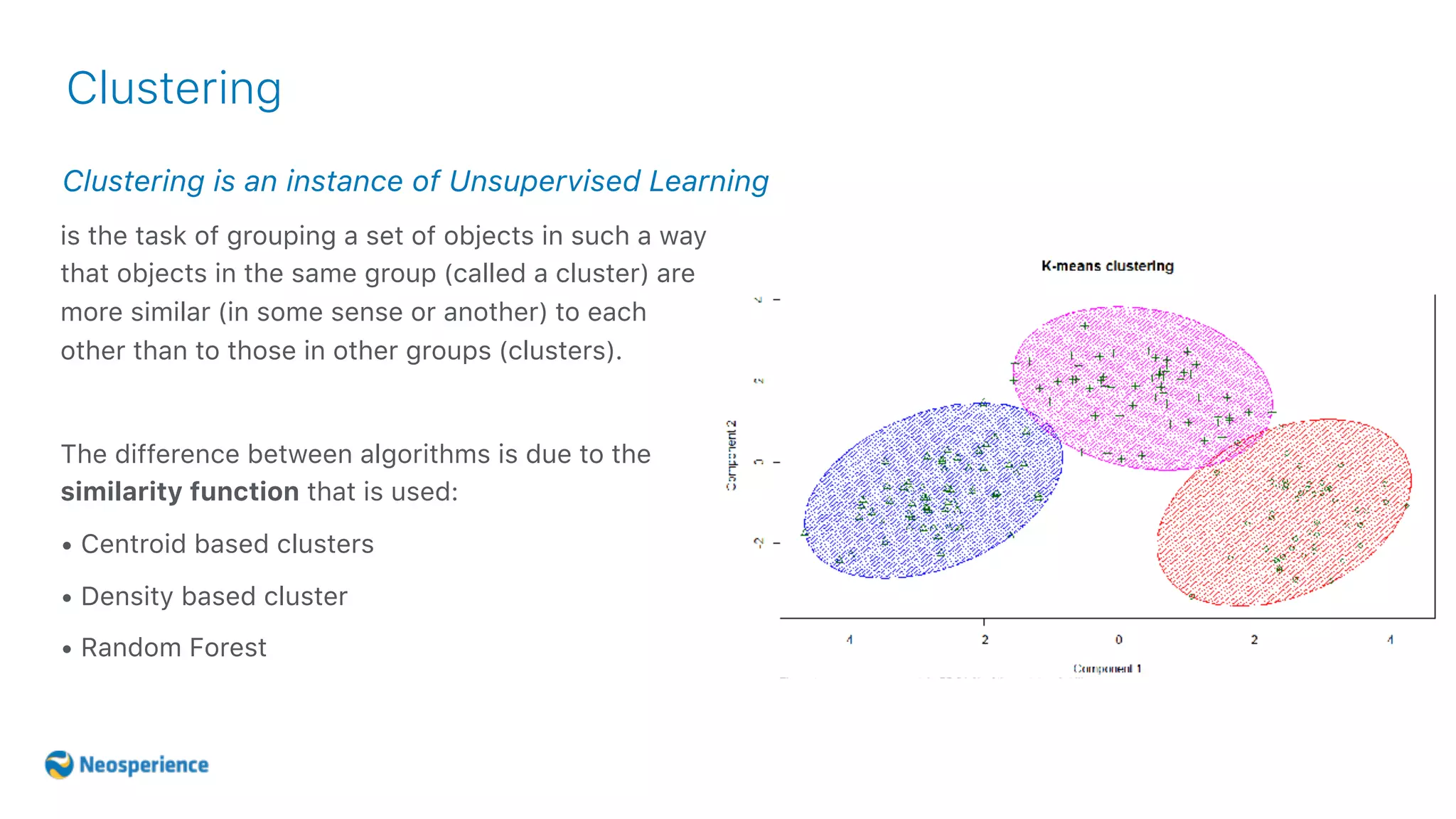 Clustering is an instance of Unsupervised Learning
Clustering
is the task of grouping a set of objects in such a way
that objects in the same group (called a cluster) are
more similar (in some sense or another) to each
other than to those in other groups (clusters).
The difference between algorithms is due to the
similarity function that is used:
• Centroid based clusters
• Density based cluster
• Random Forest
 