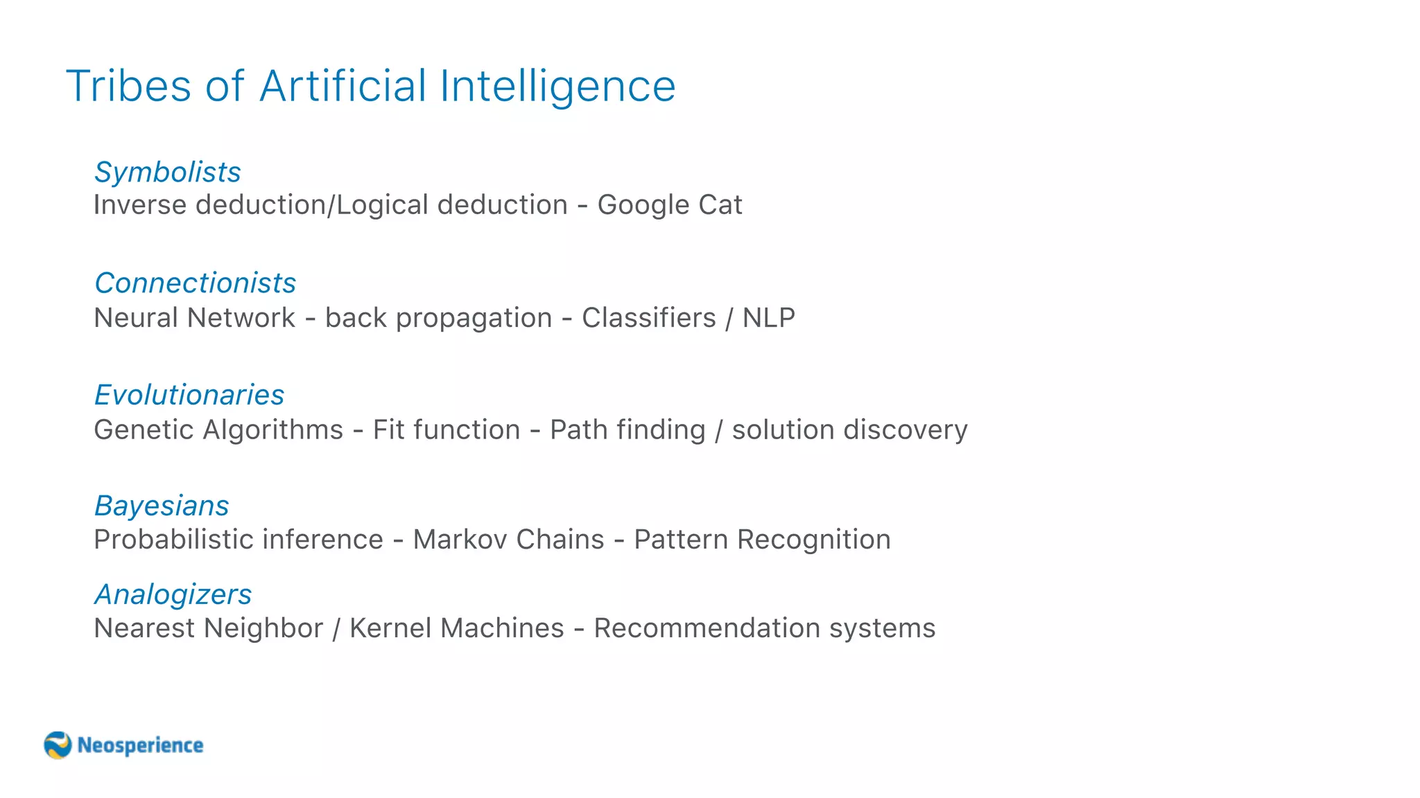 Tribes of Artificial Intelligence
Symbolists
Inverse deduction/Logical deduction - Google Cat
Connectionists
Neural Network - back propagation - Classifiers / NLP
Evolutionaries
Genetic Algorithms - Fit function - Path finding / solution discovery
Bayesians
Probabilistic inference - Markov Chains - Pattern Recognition
Analogizers
Nearest Neighbor / Kernel Machines - Recommendation systems
 