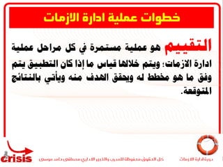 ‫التقييم‬‫هو‬‫عملية‬‫مستمرة‬‫يف‬‫كل‬‫م‬‫راحل‬‫عملية‬
‫ادارة‬‫االزمات؛‬‫ويتم‬‫خالهلا‬‫قياس‬‫ما‬‫إذا‬‫كان‬‫التطبيق‬‫يتم‬
‫وفق‬‫ما‬‫هو‬‫خمطط‬‫له‬‫وحيقق‬‫اهلدف‬‫منه‬‫وي‬‫أتي‬‫بالنتائج‬
‫املتوقعة‬.
‫االزمات‬ ‫ادارة‬ ‫عملية‬ ‫خطوات‬
 