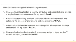 27
IAM Standards and Specifications for Organizations
1. How can I avoid duplication of identity, attributes, and credentials and provide
a single sign-on user experience for my users? SAML.
2. How can I automatically provision user accounts with cloud services and
automate the process of provisioning and deprovisioning? SPML.
3. How can I provision user accounts with appropriate privileges and manage
entitlements for my users? XACML.
4. How can I authorize cloud service X to access my data in cloud service Y
without disclosing credentials? OAuth
 