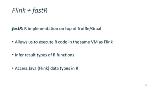 Flink + fastR
fastR: R implementation on top of Truffle/Graal
• Allows us to execute R code in the same VM as Flink
• Infer result types of R functions
• Access Java (Flink) data types in R
14
 