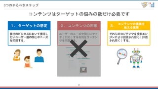 23
3つのやるべきステップ
貴社のビジネスにおいて獲得し
たいユーザー層の関心やニーズ
を把握する。
ターゲットの想定１.
ユーザーのニーズや関心にマッ
チ（対応）する有用なコンテン
ツを用意する。
コンテンツの用意２.
それらのコンテンツを検索エン
ジンにより認識され易く（評価
され易く）する。
コンテンツの価値を
伝える施策
３.
コンテンツはターゲットの悩みの数だけ必要です
×
 