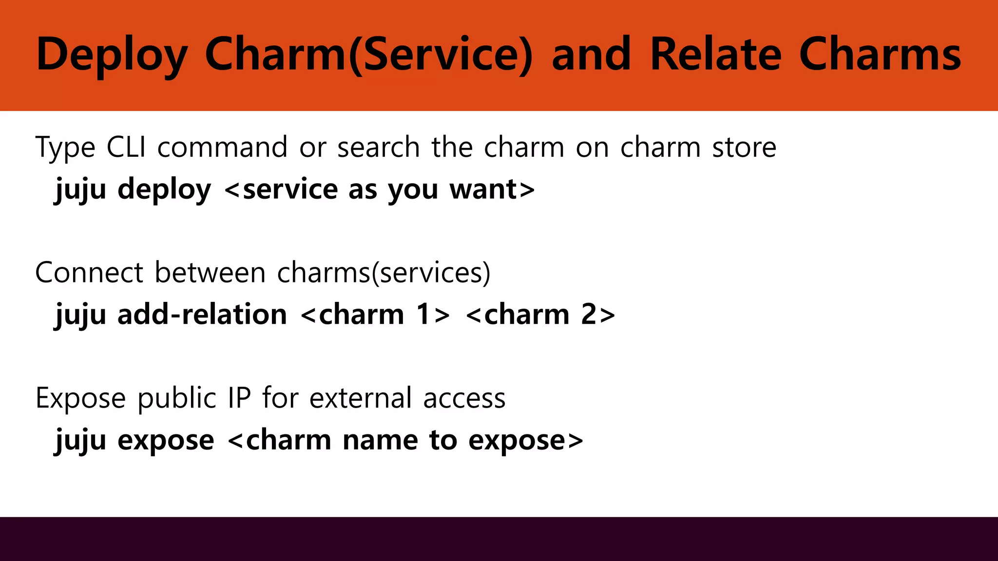 Deploy Charm(Service) and Relate Charms
Type CLI command or search the charm on charm store
juju deploy <service as you want>
Connect between charms(services)
juju add-relation <charm 1> <charm 2>
Expose public IP for external access
juju expose <charm name to expose>
 