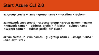 Start Azure CLI 2.0
az group create –name <group name> --location <region>
az network vnet create –resource-group <group name> --name
<network name> --address-prefix <IP class> --subnet-name
<subnet name> --subnet-prefix <IP class>
az vm create –n <vm name> –g <group name> --image “<OS>”
–size <vm size>
 