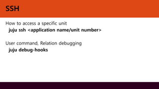 SSH
How to access a specific unit
juju ssh <application name/unit number>
User command, Relation debugging
juju debug-hooks
 