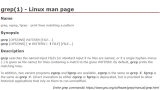 Entire grep commands) https://www.gnu.org/software/grep/manual/grep.html
 