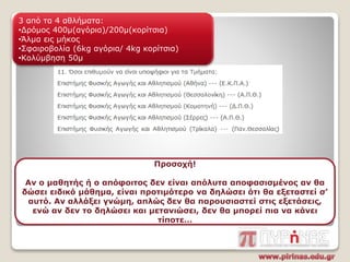 3 από τα 4 αθλήματα:
•Δρόμος 400μ(αγόρια)/200μ(κορίτσια)
•Άλμα εις μήκος
•Σφαιροβολία (6kg αγόρια/ 4kg κορίτσια)
•Κολύμβηση 50μ
Προσοχή!
Αν ο μαθητής ή ο απόφοιτος δεν είναι απόλυτα αποφασισμένος αν θα
δώσει ειδικό μάθημα, είναι προτιμότερο να δηλώσει ότι θα εξεταστεί σ’
αυτό. Αν αλλάξει γνώμη, απλώς δεν θα παρουσιαστεί στις εξετάσεις,
ενώ αν δεν το δηλώσει και μετανιώσει, δεν θα μπορεί πια να κάνει
τίποτε…
 