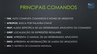 PRINCIPAIS COMANDOS
• TAB: AUTO COMPLETA COMANDOS E NOMES DE ARQUIVOS
• APROPOS: BUSCA POR PALAVRA-CHAVE
• HELP: AJUDA ESPECÍFICA DE UM DETERMINADO APLICATIVO OU COMANDO
• GREP: LOCALIZAÇÃO DE EXPRESSÕES REGULARES
• MAN: APRESENTA O MANUAL DE UM DETERMINADO APLICATIVO
• INFO: APRESENTA AS INFORMAÇÕES DE AJUDA DO APLICATIVO
• SETA ↑: HISTÓRICO DE COMANDOS INDIVIDUAL
 