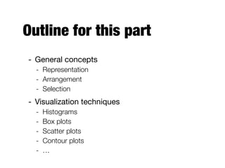 Outline for this part
- General concepts

- Representation
- Arrangement
- Selection
- Visualization techniques

- Histograms
- Box plots
- Scatter plots
- Contour plots
- …
 
