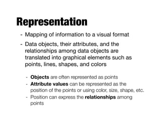 Representation
- Mapping of information to a visual format

- Data objects, their attributes, and the
relationships among data objects are
translated into graphical elements such as
points, lines, shapes, and colors

- Objects are often represented as points
- Attribute values can be represented as the
position of the points or using color, size, shape, etc.
- Position can express the relationships among
points
 