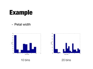 Example
- Petal width
10 bins 20 bins
 