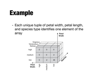 Example
- Each unique tuple of petal width, petal length,
and species type identiﬁes one element of the
array
 